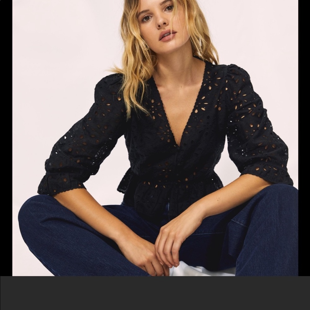Wilfred eyelet blouse with ruffle detail and covered buttons.
